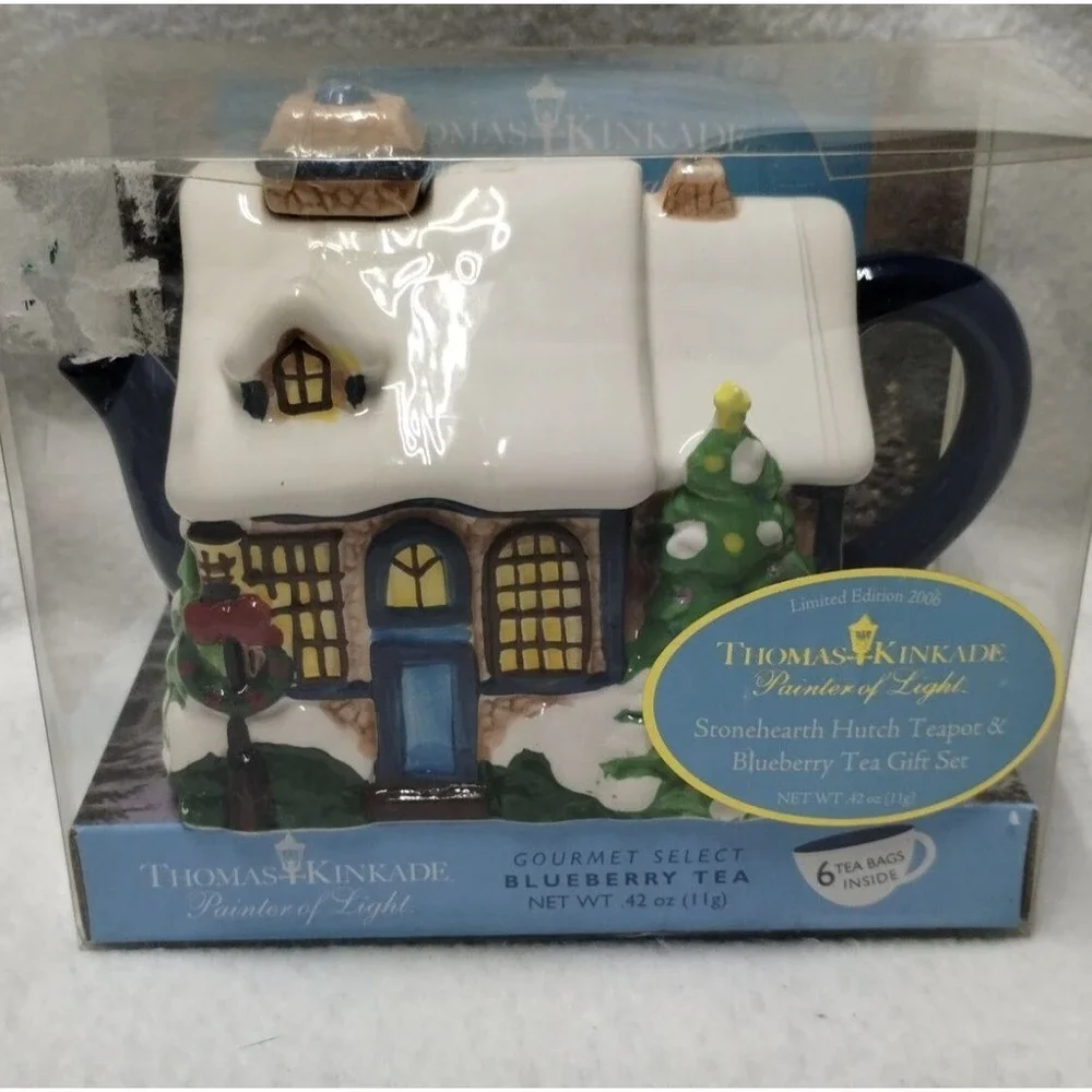Thomas Kinkade Stone hearth Hutch Teapot Blueberry‎ Tea Gift Set 2006